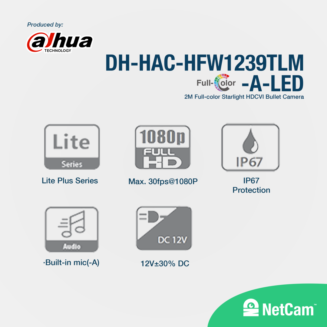DAHUA OUTDOOR DH-HAC-HFW1239TLMP-A-LED (2MP/ 3.6MM/ AUDIO/ FULLCOLOR)