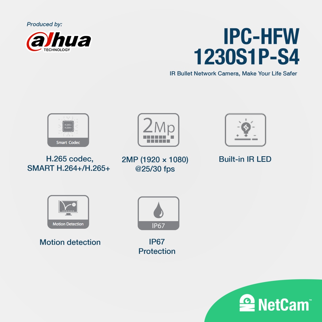 DAHUA IP OUTDOOR DH-IPC-HFW1230S1P-A-S5 (2MP/ 3.6MM/ AUDIO)