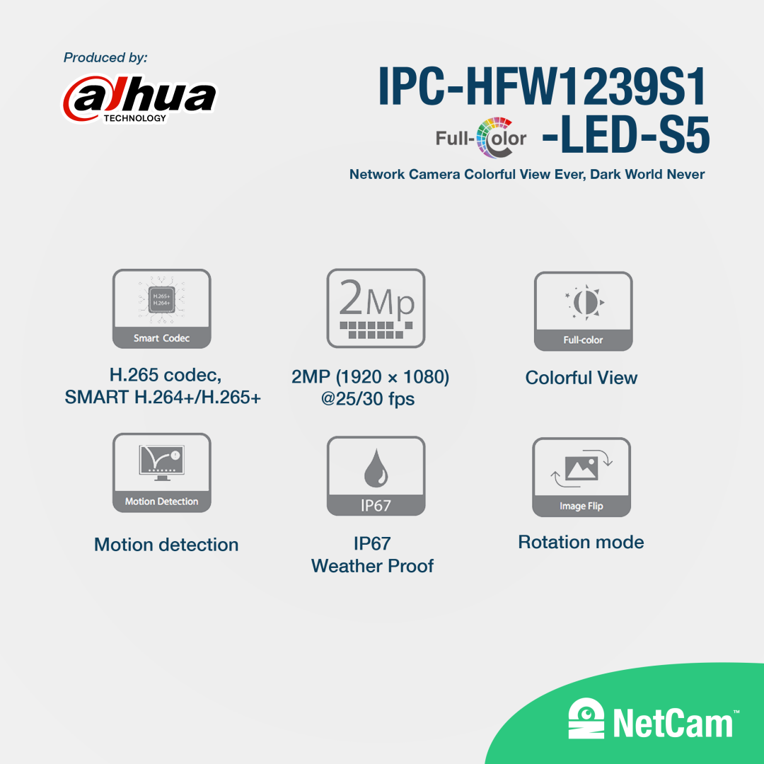DAHUA IP OUTDOOR DH-IPC-HFW1239S1-A-LED-S5 (2MP/ 3.6MM/ AUDIO/FULLCOLOR)
