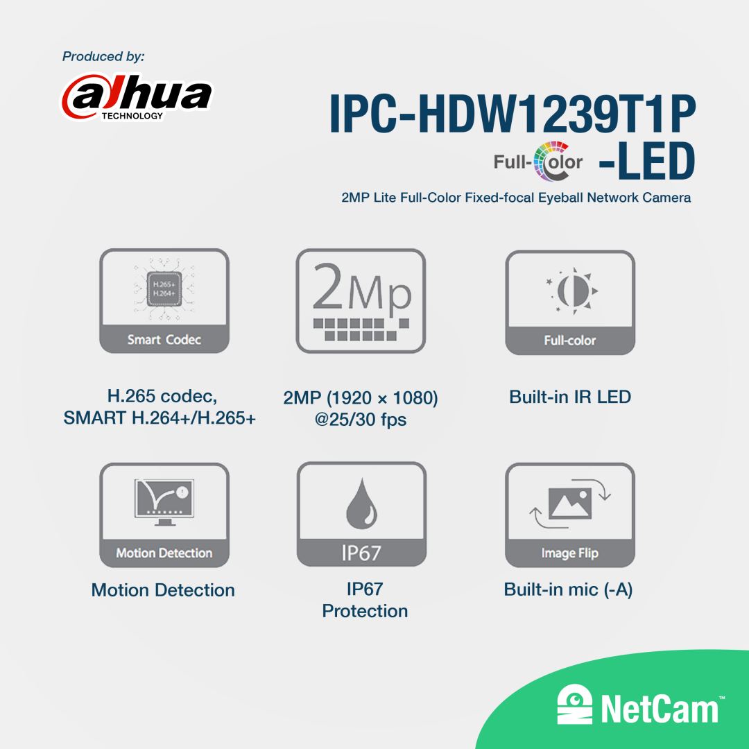 DAHUA IP INDOOR DH-IPC-HDW1239T1-A-LED-S5 (2MP/ 2.8MM/ AUDIO/ FULLCOLOR)